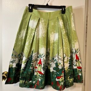 Winter Christmas Scenic Green Pleated Skirt